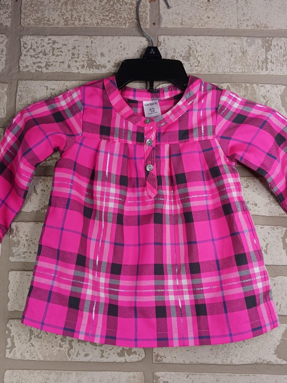 Carter's Girls Size 12M Top Pink Plaid 1/4 Button Long Sleeve Shirt